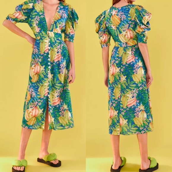 Anthropologie Farm Rio Sz Medium Star Fruits Puff‎ Sleeve Midi Dress Tropical - Picture 2 of 13